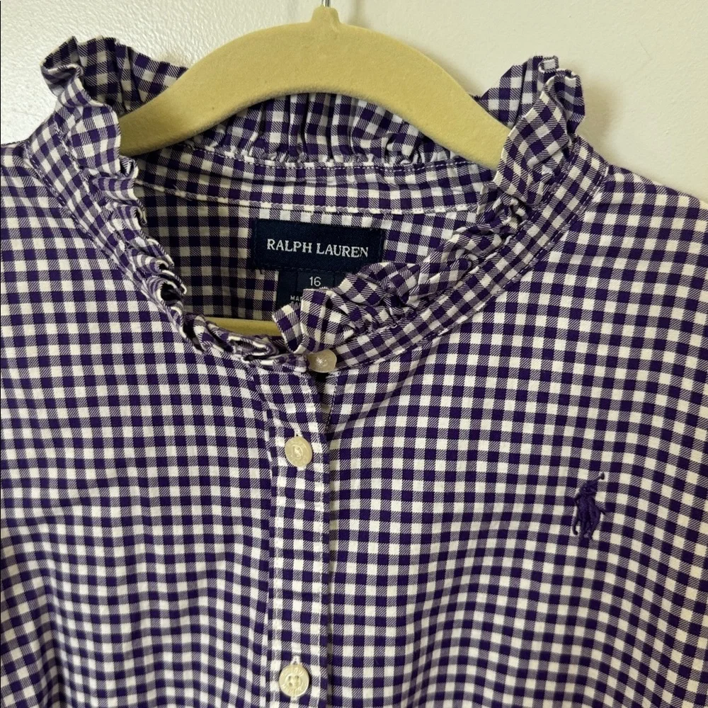 RALPH LAUREN GIRLS PURPLE PLAID RUFFLE COLLAR BUTTON DOWN SHIRT 16 - Picture 2 of 7